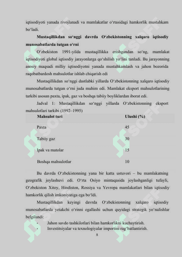OʻZBEKISTONNING JAHON IQTISODIYOTIGA QOʻSHILISH   XUSUSIYATLARI 8