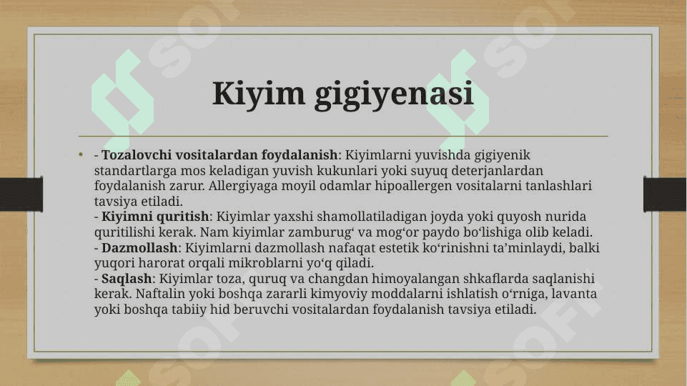 Kiyim boshlar va oyoq kiyimlari gigiyenasi, Kundalik turmushda foydalaniladigan sintetik polimer materiallardan tayyorlangan uy-ro’zg’or buyumlari, bog’lov materiallari, idishlarni qo’llash gigiyenasi 6