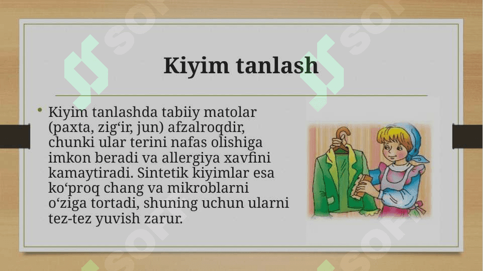 Kiyim boshlar va oyoq kiyimlari gigiyenasi, Kundalik turmushda foydalaniladigan sintetik polimer materiallardan tayyorlangan uy-ro’zg’or buyumlari, bog’lov materiallari, idishlarni qo’llash gigiyenasi 8