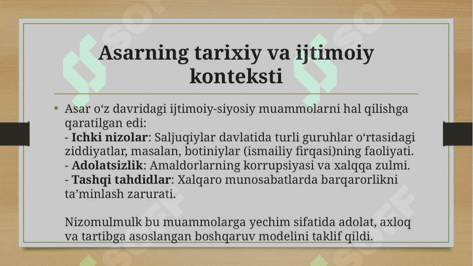 Nizomulmulkning «Siyosatnoma» asari bo’yicha jamiyat boshqaruviga oid g’oyalarni tahlil qilish. 4