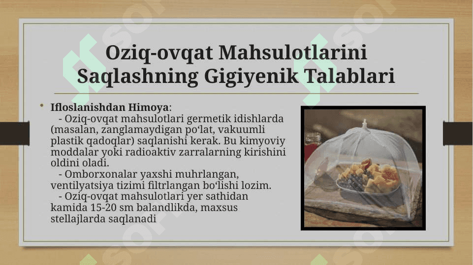 Ommaviy qirgin qurollari qo‘llanilgan sharoitda ovqat mahsulotlarini saqlash, tashish, issiq ovqatlarni tayyorlash va iste’mol qilishga bo‘lgan gigiyenik talablar. Ochiq suv manbalarini sanitariya tavsiflash xaritasini tuzish. 3
