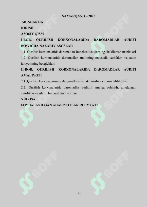 QURILISH KORXONALARIDA DAROMADLAR AUDITI  ( QURILISH KORXONALARI MISOLIDA) 2