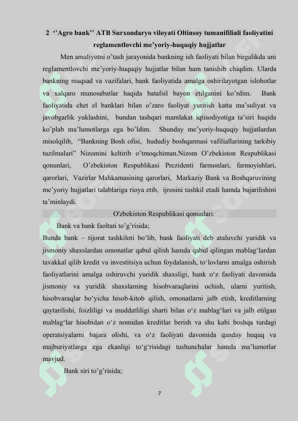 Agro bank amaliyot hisoboti  Oltinsoy tumani 7