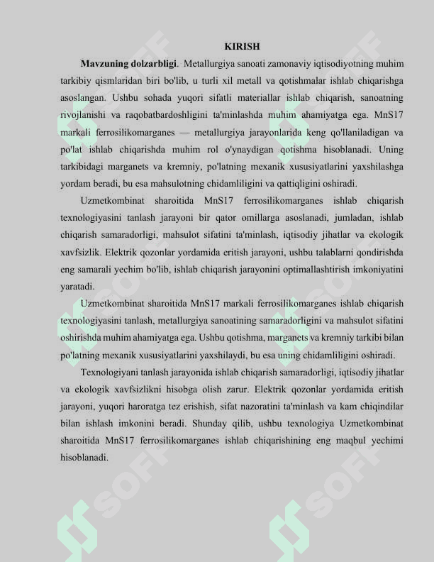 Ferrosilikomarganes ishlab chiqarish texnologiyasini tanlash va hisoblash 2