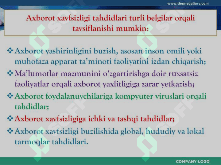 Axborot xavfsizligi muammolari. Axborotlarni himoyalashning tarkibiy qismlari va usullari 4