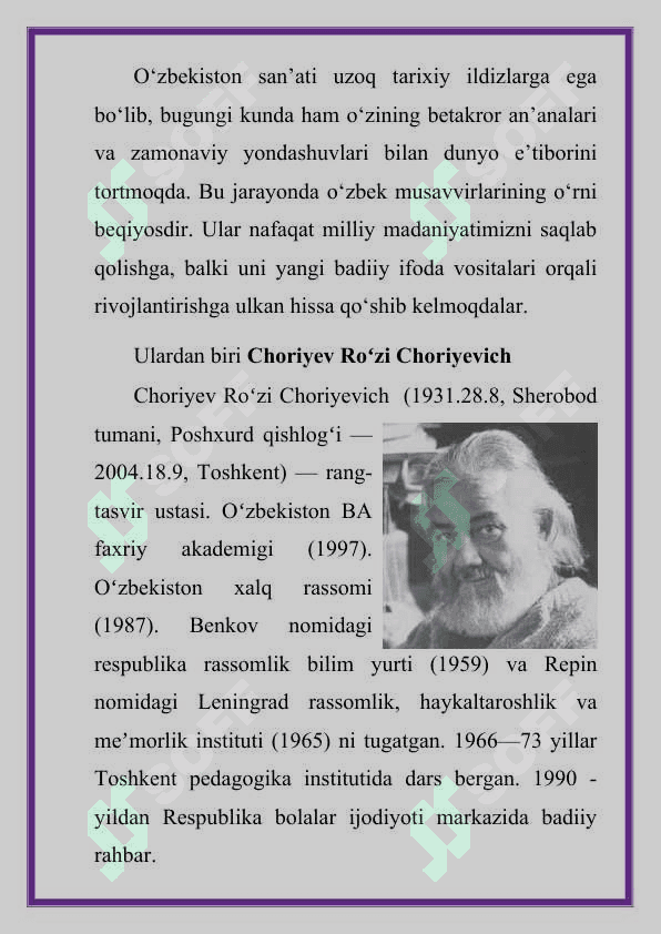 O'zbek musavvirlari Ro`zi choriyev loyiha ishi 3