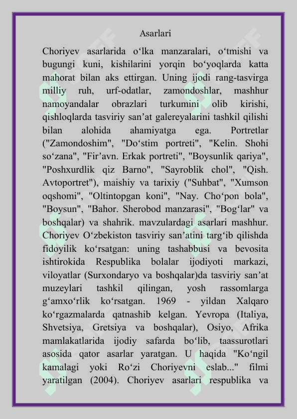 O'zbek musavvirlari Ro`zi choriyev loyiha ishi 4