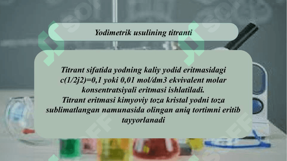 YODOMETRIYA TITRLASH USULIDA QAYTARUVCHILAR VA FARMATSEVTIK PREPARATLARRNI MIQDORLARINI ANIQLASH 2