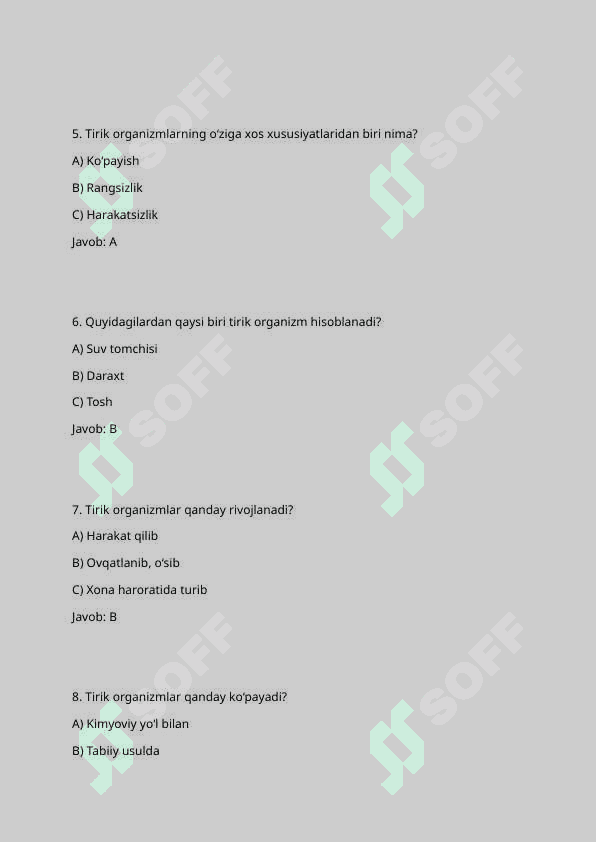 5-sinf biologiya test 2