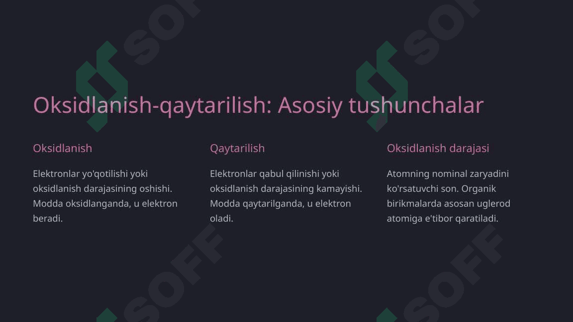 Organik birikmalarning reaksion qobiliyati, oksidlanishi va qaytarilishi. Kislotali va asosli xossalari. 5