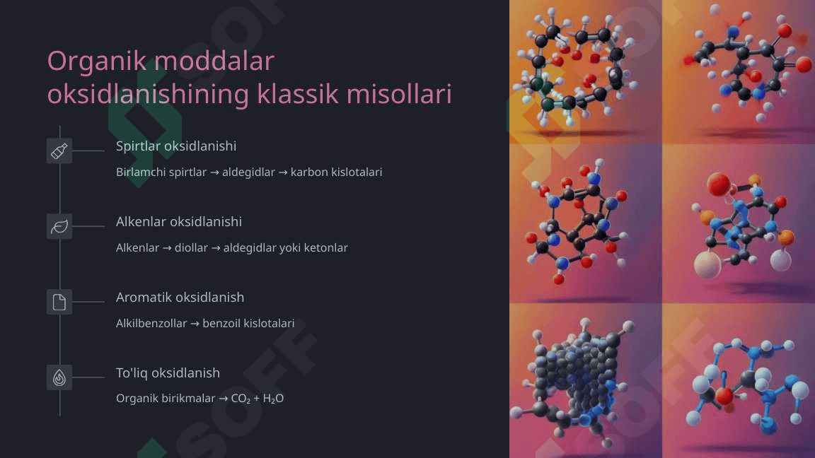 Organik birikmalarning reaksion qobiliyati, oksidlanishi va qaytarilishi. Kislotali va asosli xossalari. 6