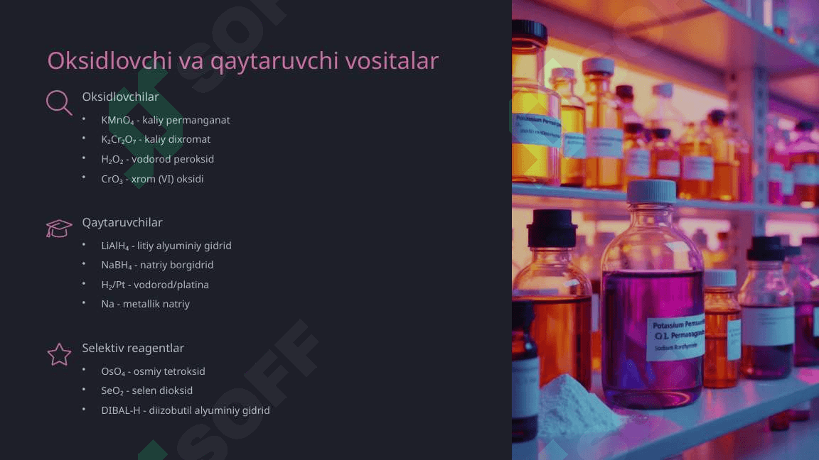 Organik birikmalarning reaksion qobiliyati, oksidlanishi va qaytarilishi. Kislotali va asosli xossalari. 8