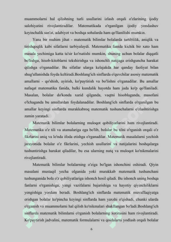 BOSHLANG'ICH SINFLARDA MATEMATIKA FANINI NOANANAVIY USULDA O'QITISH 6