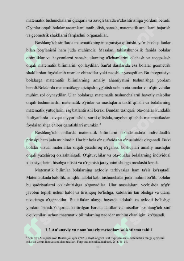 BOSHLANG'ICH SINFLARDA MATEMATIKA FANINI NOANANAVIY USULDA O'QITISH 8