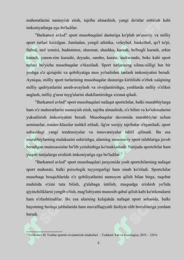 "BARKAMOL AVLOD" SPORT MUSOBAQALARINI TASHKIL ETISH VA O'TKAZISH. 5