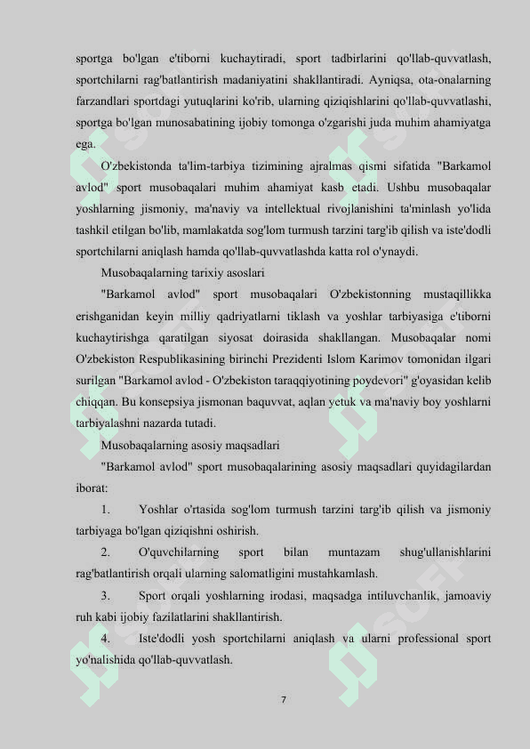 "BARKAMOL AVLOD" SPORT MUSOBAQALARINI TASHKIL ETISH VA O'TKAZISH. 7