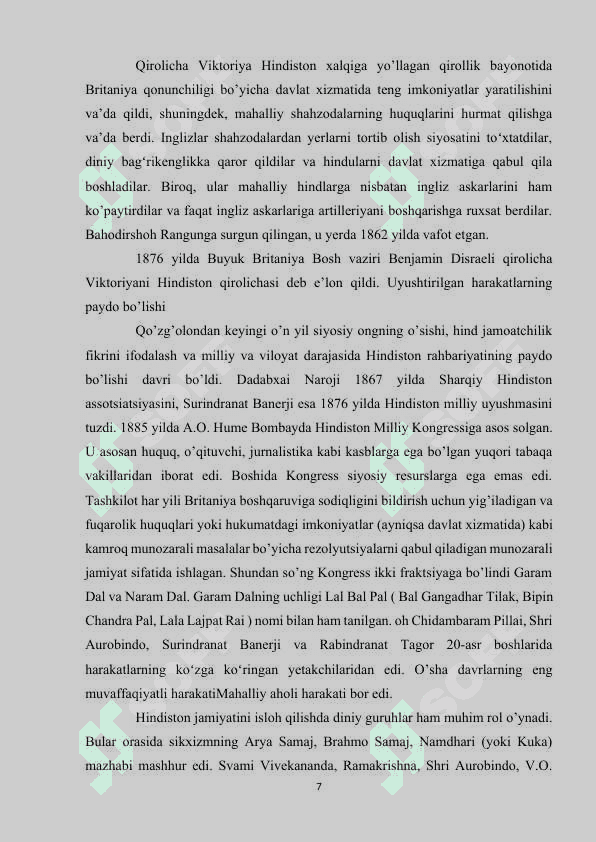XIX ASRNING  IKKINCHI YARMIDA, XX ASR BOSHLARIDADA HINDISTONDA MILLIY OZODLIK HARAKATI 7