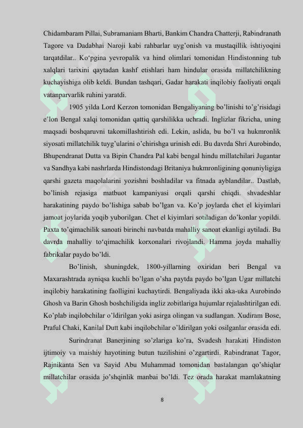 XIX ASRNING  IKKINCHI YARMIDA, XX ASR BOSHLARIDADA HINDISTONDA MILLIY OZODLIK HARAKATI 8