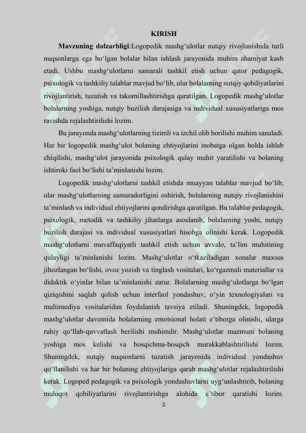 Logopedik mashg‘ulotlarni tashkil etishga qo‘yiladigan talablar 2