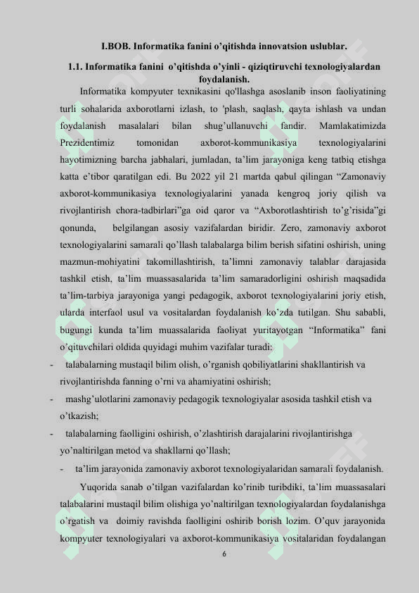 ”INFORMATIKA DARSLARIDA O`QUVCHILAR BILIM KO`NIKMA VA MALAKALARINI NAZORAT QILISH BAHOLASHNING ZAMONAVIY VOSITALARI” 6