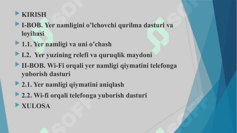 Yer namligini olchovchi qurilma dasturi va loyixasini yaratish va wifi orqali uning qiymatini telefonga yuborish dasturini yaratish. 2