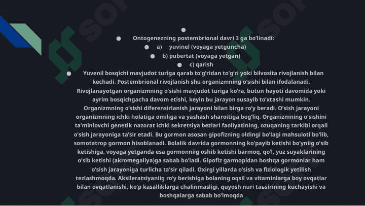 Organizmlarning ko‘payishi. Postembrional rivojlanishning umumiy qonuniyatlari 3