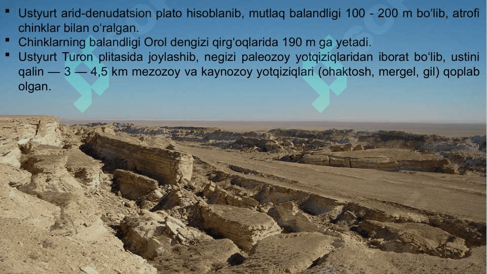 Ustyurt tabiiy geografik okrugi. Iqlimi, suvlari, tuproqlari, o‘simliklari va hayvonot dunyosi. 4