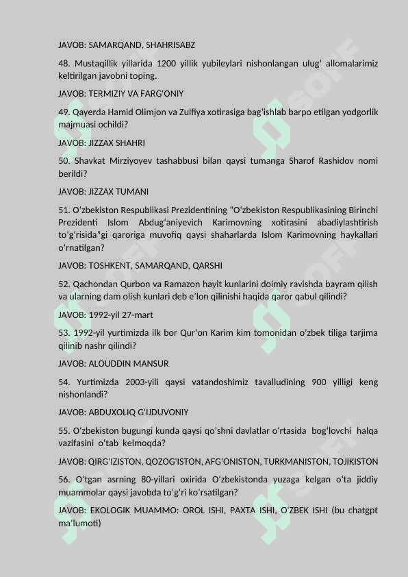 Tarixdan savol javoblar sessiya uchun 5