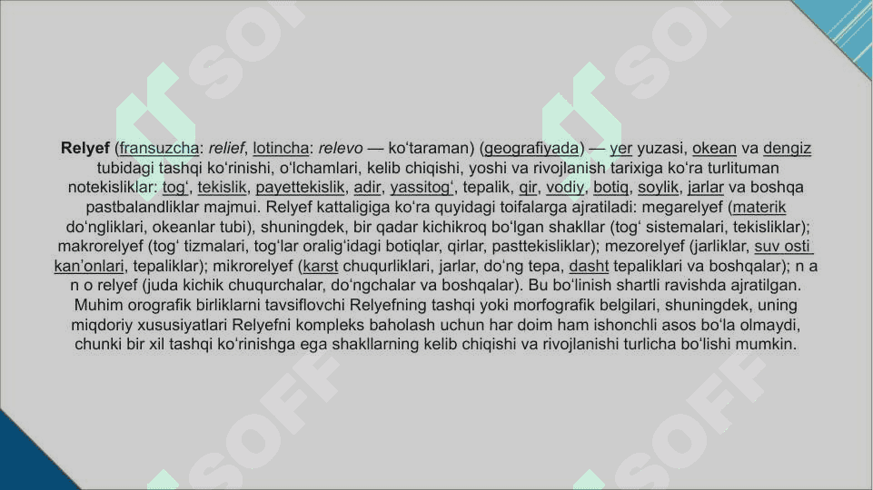 Umumsayyoraviy relyef shakllari  joylanishi 2