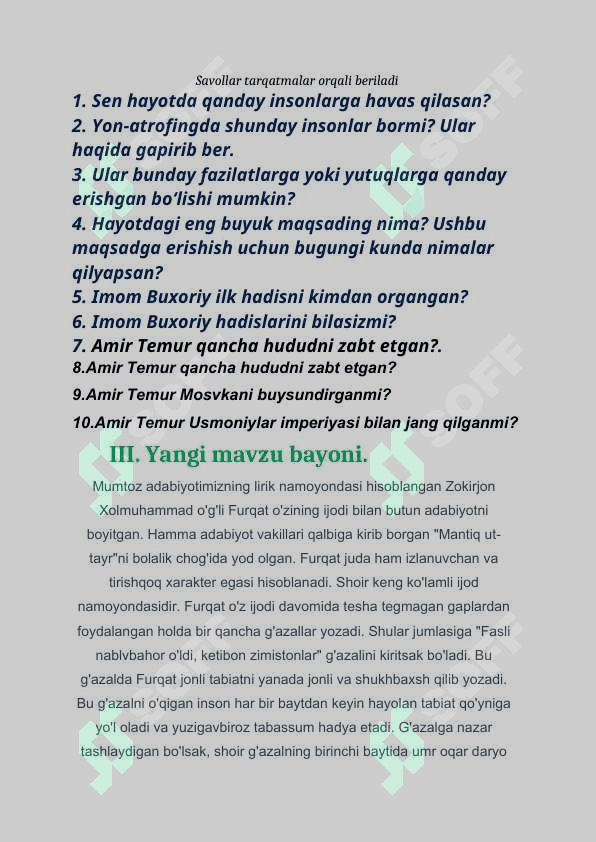 O`tilgan mavzularni takrorlash MAVZUSIDA BIR SOATLIK OCHIQ DARS       ISHLANMASI. 5
