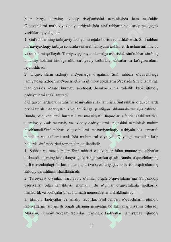 O’quvchilarni ma’naviyaxloqiy tarbiyalashda sinf rahbarining roli 8
