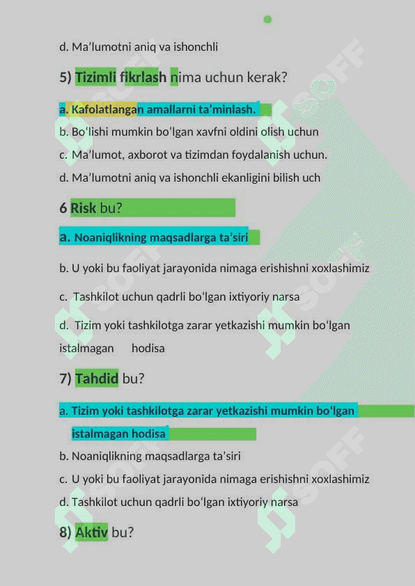 Kiber xavsizlikdan test javoblari 2