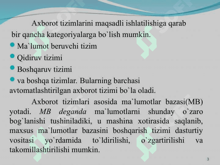 Kirish. Ma’lumotlar bazasining maqsadi, vazifalari va asosiy tushunchalari 3