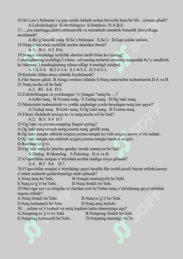 Ona tili oʻqitish metodikasi fanidan oraliq nazorat uchun test savollari 2