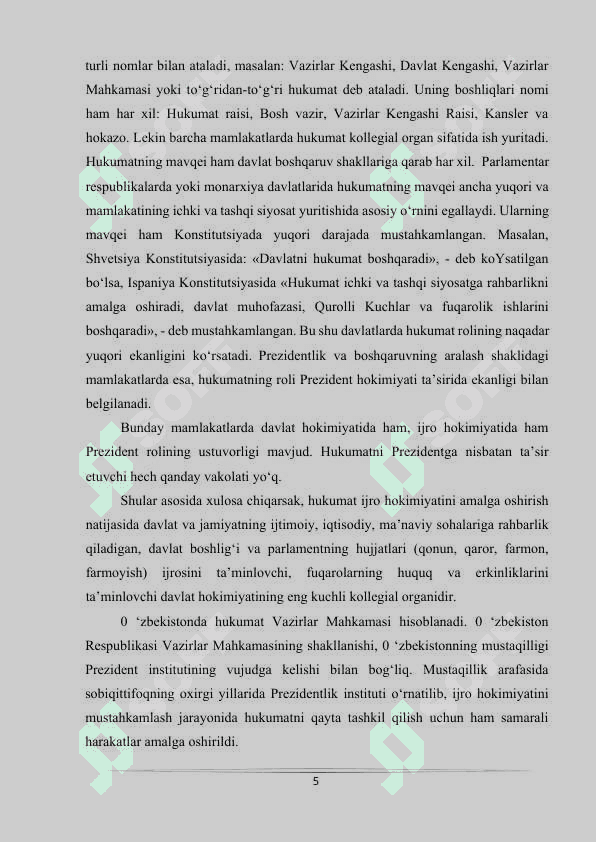 O'zbekiston Respublikasi Vazirlar Mahkamasi ijro etuvchi hokimyat 5