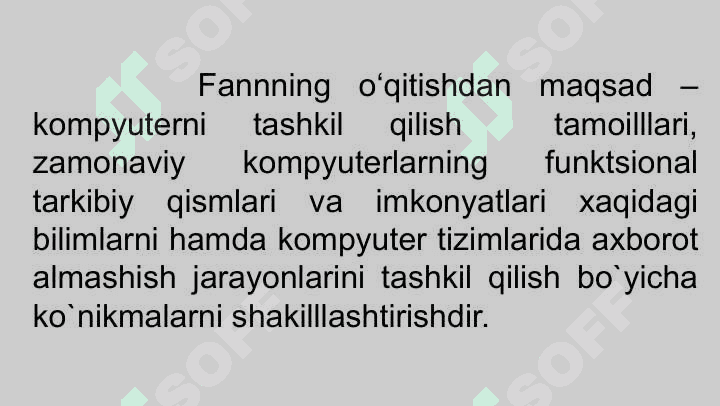 Kompyuterning tashkil etilishi va tuzilmasi,  kompyuter arxitekturasi va uning  rivojlanish bosqichlari, kompyutrerlarning tashkil etilishi tamoillari va klassifikatsiyasi 4