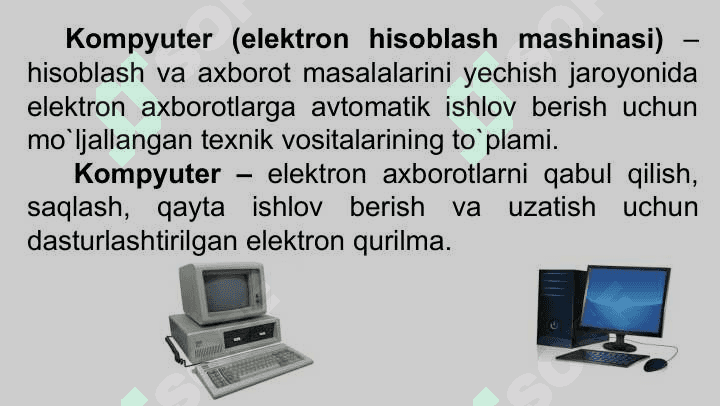 Kompyuterning tashkil etilishi va tuzilmasi,  kompyuter arxitekturasi va uning  rivojlanish bosqichlari, kompyutrerlarning tashkil etilishi tamoillari va klassifikatsiyasi 5