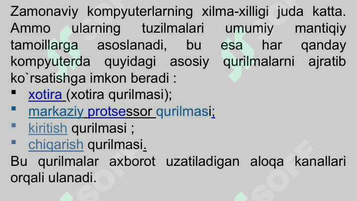 Kompyuterning tashkil etilishi va tuzilmasi,  kompyuter arxitekturasi va uning  rivojlanish bosqichlari, kompyutrerlarning tashkil etilishi tamoillari va klassifikatsiyasi 7