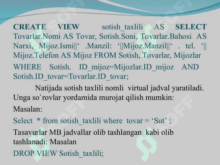 Tranzaksiyalarni boshqarish. So`rovlar yaratish va qayta ishlash 5