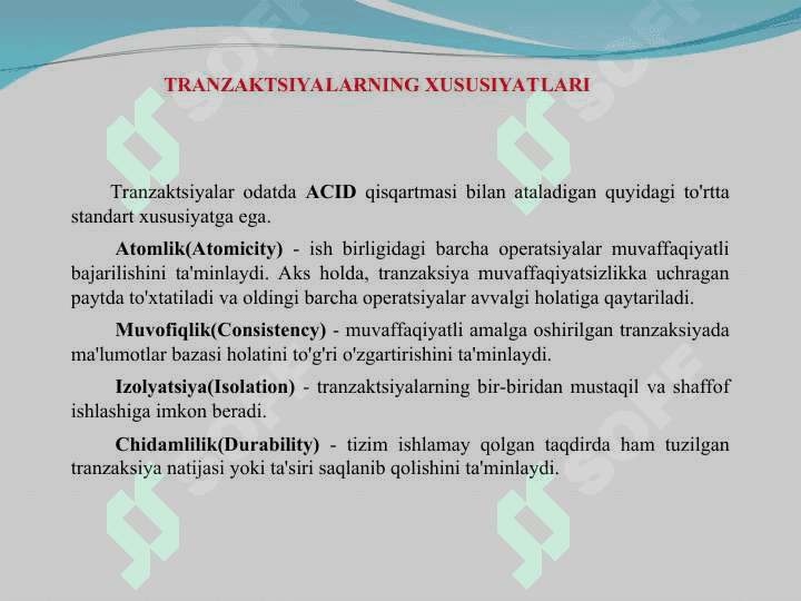 Tranzaksiyalarni boshqarish. So`rovlar yaratish va qayta ishlash 6