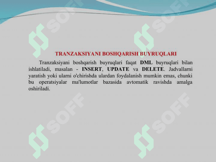 Tranzaksiyalarni boshqarish. So`rovlar yaratish va qayta ishlash 8