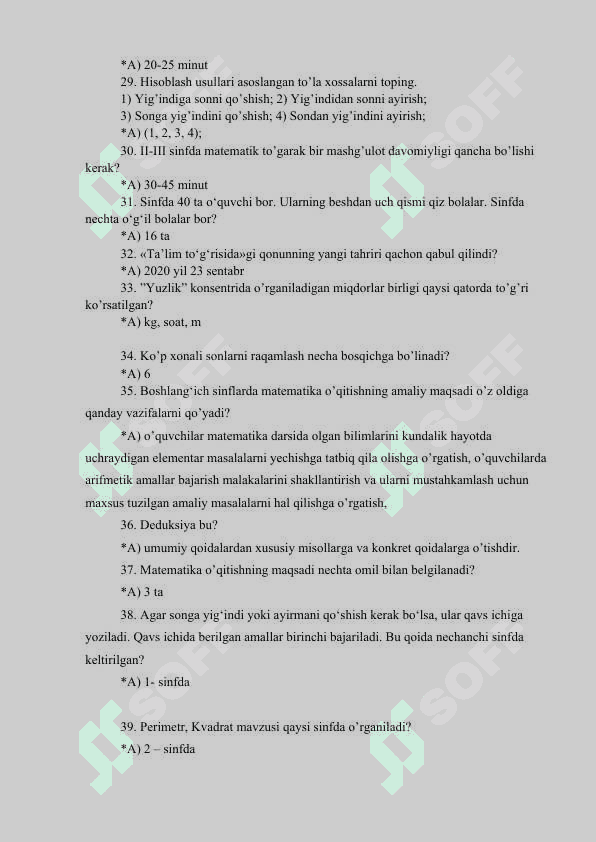 “MATEMATIKA O’QITISH METODIKASI” FANIDAN 5-KURS (sirtqi) LAR UCHUN TEST SAVOLLARI 3