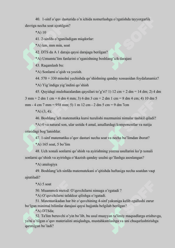 “MATEMATIKA O’QITISH METODIKASI” FANIDAN 5-KURS (sirtqi) LAR UCHUN TEST SAVOLLARI 4