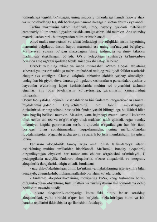 3- MAVZU: BOSHLANG‘ICH TA’LIM DARSLARINI INTEGRATSIYALASH VA O‘QUV FANLARINING O‘ZARO ALOQADORLIGI 2
