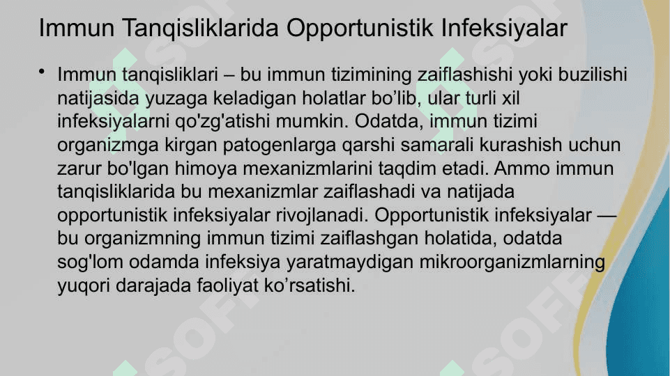 Immunopatologiya o’sma hujayralarining kelib chiqishidagi ahamiyati. Immun tanqisliklarda opportunistik infeksiyalar boshqarilishining molekulyar mexanizmi 8