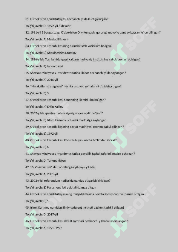 O'zbekistoning eng yangi tarixi fanidan 150 tali test 3