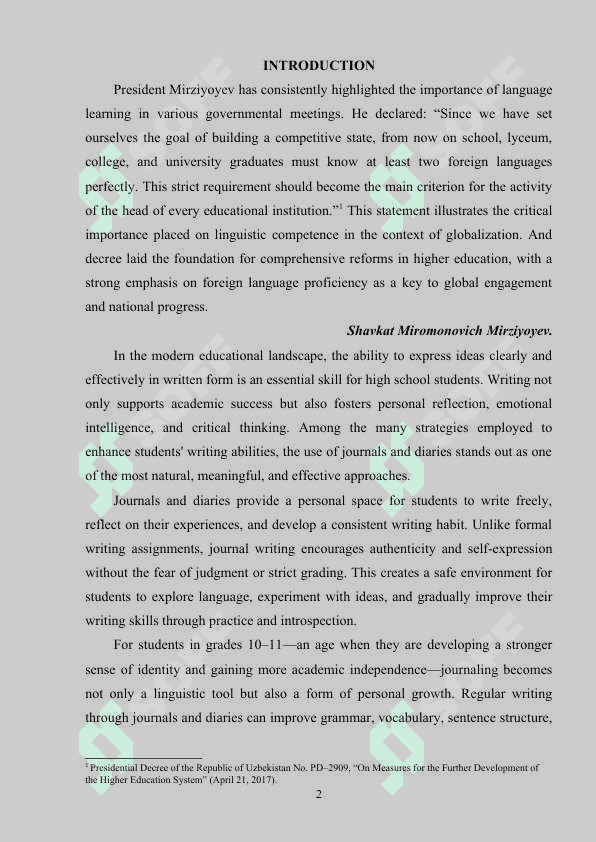 The use of Journals and Diaries in Improving Students’ Writing Skills (10-11th grades) 2