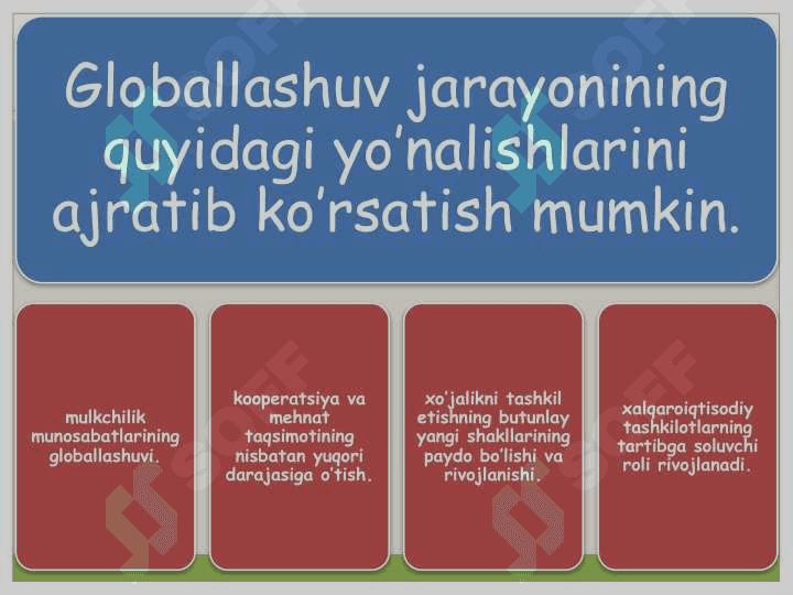 Globallashuv jarayoni, uning asosiy yo’nalishlari va oqibatlari. 4