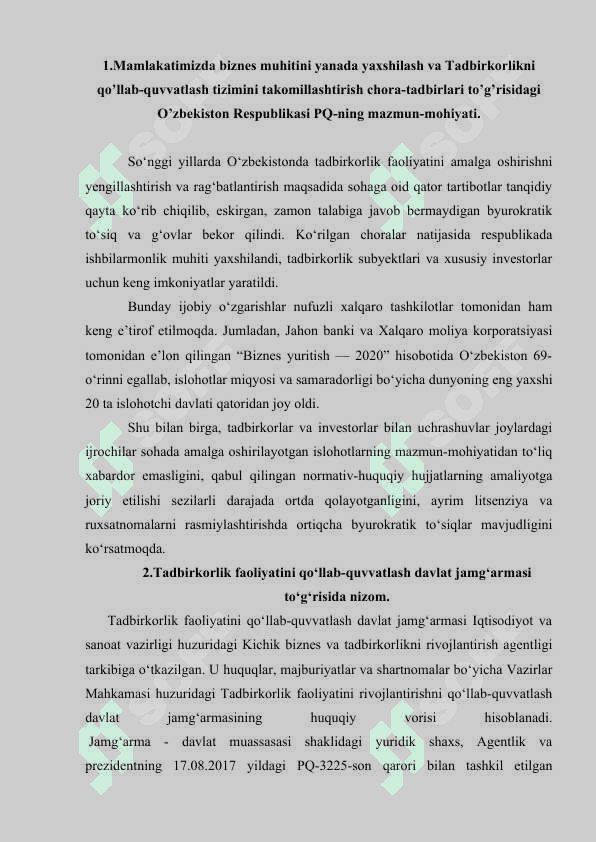 O’zbekistonda biznes va tadbirkorlikni davlat tomonidan qo’llab quvvatlanishi. 2
