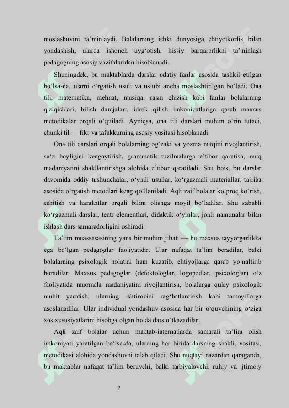 Aqli zaif bolalar uchun ixtisoslashtirilgan maktab maktab-internatlarda ona tili darslarida grammatik o'yin va mashqlardan foydalanish.   KURS ISHI 7